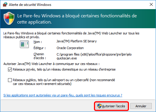 Dialogue Windows 'Remarque de sécurité Windows'