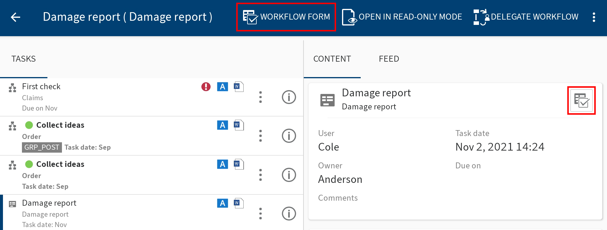 'Workflow form' button