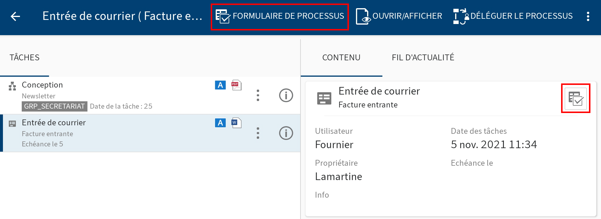 Bouton 'Formulaire de processus'